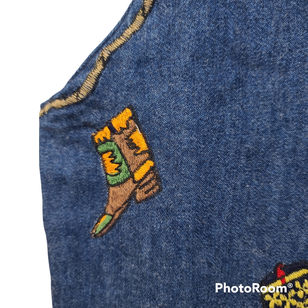 SOLD EBAY Agapo Vintage Denim Embroidered Cowboy Boots Vest Large Buttons - Picture 4 of 5